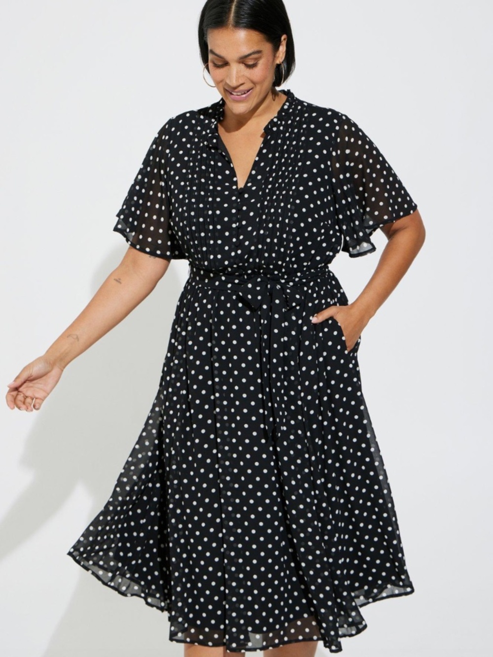 Torrid Size 3 Midi Chiffon Ruffle Neck Pintuck Dress Black and White Polka Dots